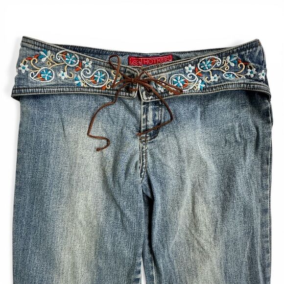 Y2K Hot Kiss Lace-Up Flare Jeans Low Rise Embroidered 3/ XS Boho Festival Bratz - Picture 6 of 16